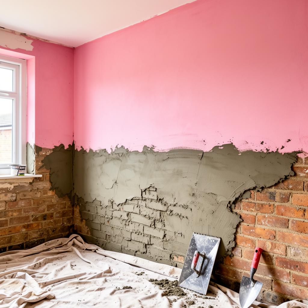 Float and set plastering in progress - sand-and-cement backing coat over bare brick with a fresh pink finish skim above, by SJM Plastering
